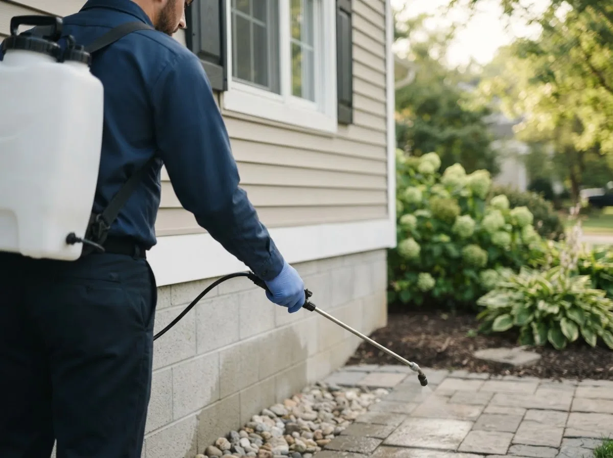 Pest control technician inspecting a home in Wever, IA